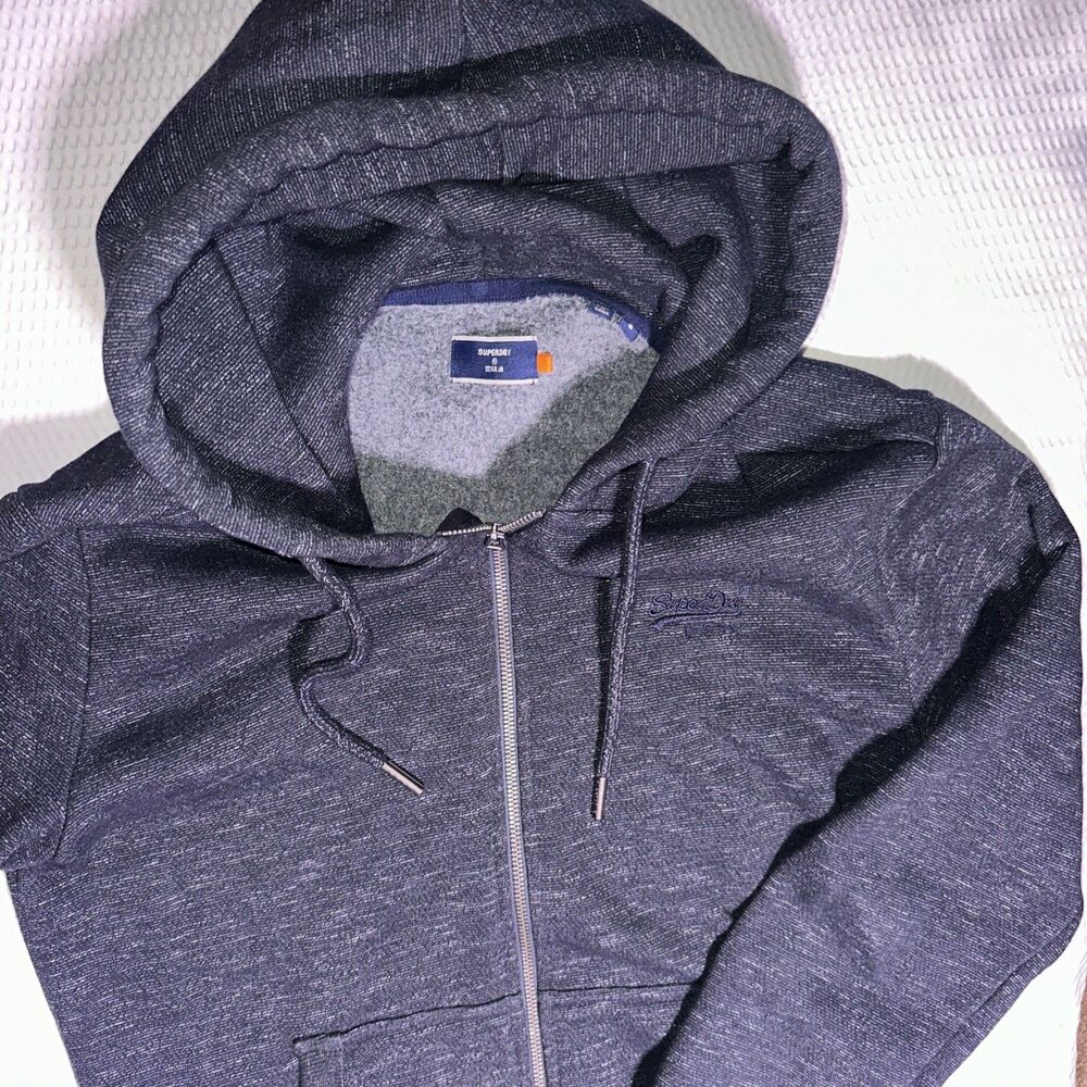 Superdry Hoodie Mens Small Blue Full Zip Fleece Sweatshirt Chest Logo Limited